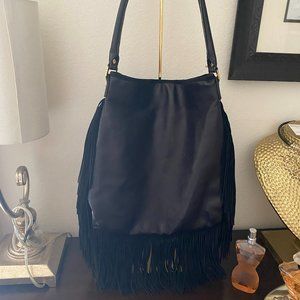 TORY BURCH HOBO BLACK LEATHER BAG WITH BLACK SUEDE FRINGE